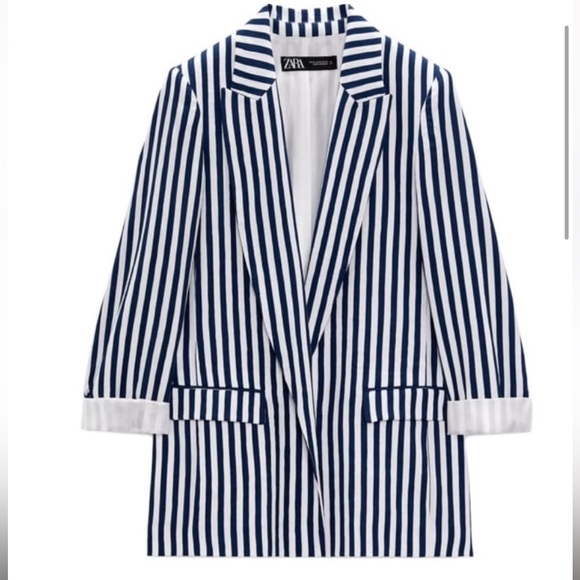 NWT ZARA STRIPED POCKETED BLAZER NAVY / WHITE | 7560/825 size Large - Picture 2 of 8